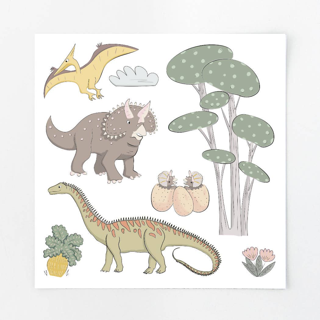 Detaliu cu ilustrații din joc magnetic cu dinozauri pentru copii.